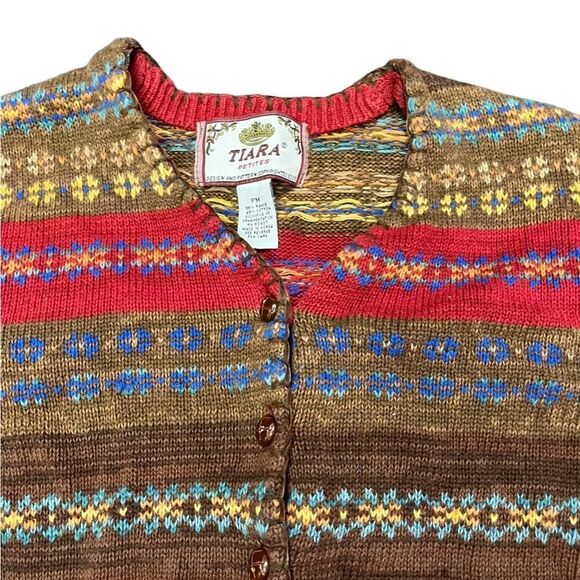 Vintage Lady’s Tiara Red & Brown Cardigan Sweater Size Petite Medium - Picture 5 of 8